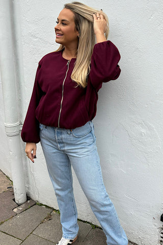 Zip Up Bomber Jacket In Burgundy