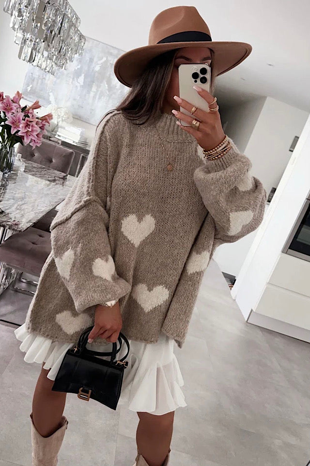 Jenny Oversized Taupe Heart Knitted Jumper