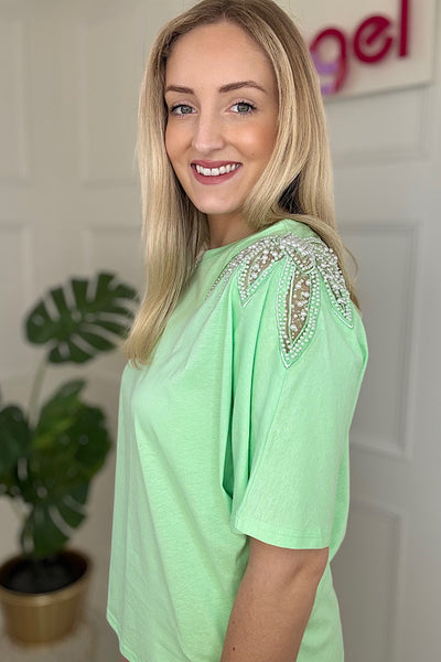 Sienna Embellished Shoulder T -Shirt In Apple Green