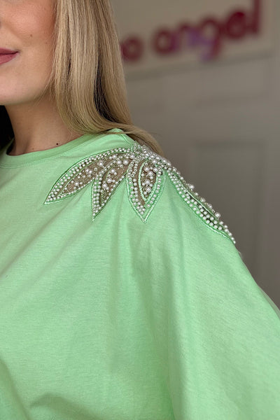 Sienna Embellished Shoulder T -Shirt In Apple Green