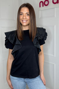 Honey Black Corsage Shoulder Top