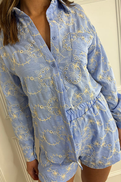 Blue Embroidered Shirt and Short Co-Ord