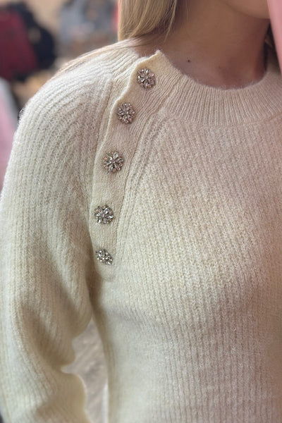 Honey Soft Knit Jumper With Diamanté Buttons In Cream