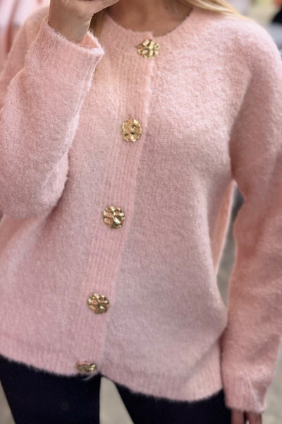 Ruby Pink Fluffy Gold Button Cardigan