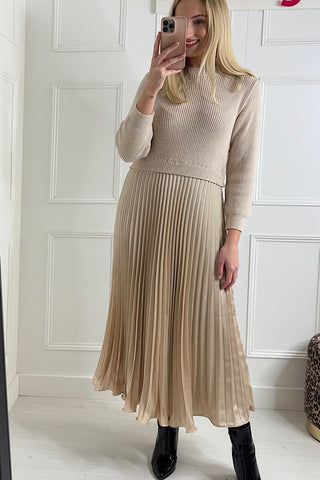 Ella Satin Pleated Skirt Jumper Dress In Sand