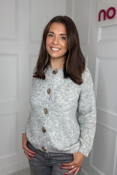 Ruby Grey Fluffy Gold Button Cardigan