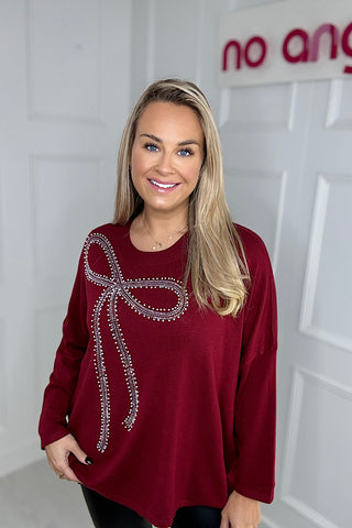 Diamanté & Pearl Bow Oversized Jumper In Burgundy