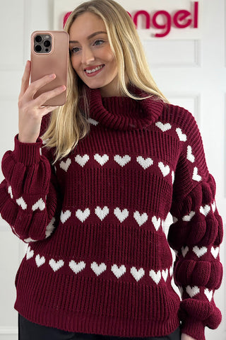 Burgundy Knitted Heart Jumper