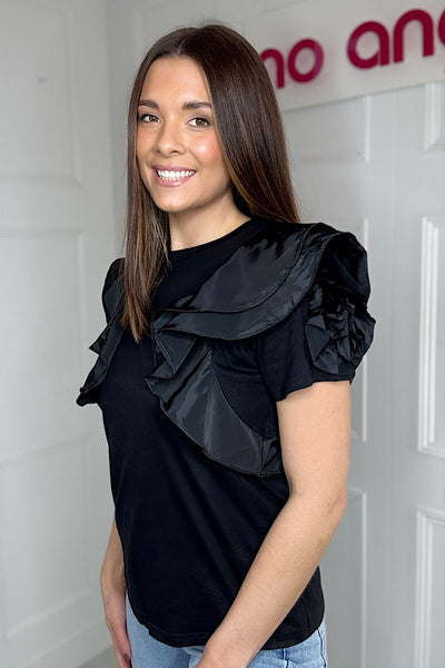 Honey Black Corsage Shoulder Top