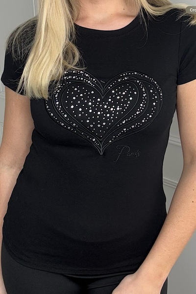 Diamanté Heart T-Shirt In Black