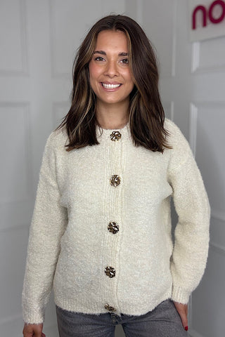 Ruby Cream Fluffy Gold Button Cardigan