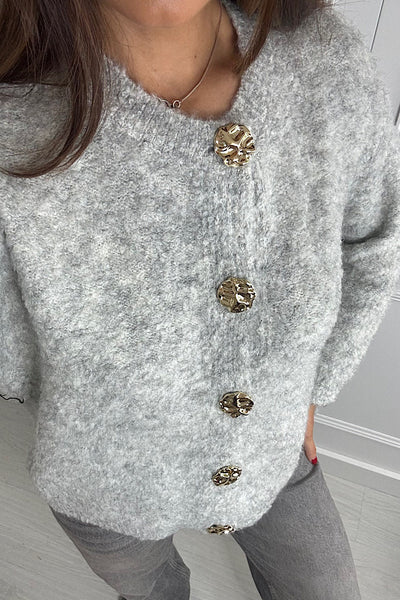 Ruby Grey Fluffy Gold Button Cardigan