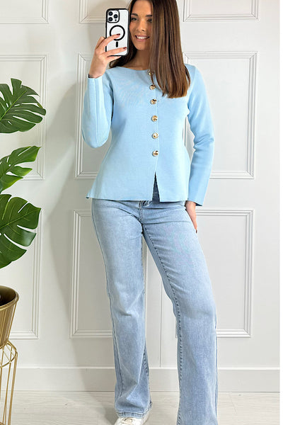 Gold Button Peplum Cardigan In Blue