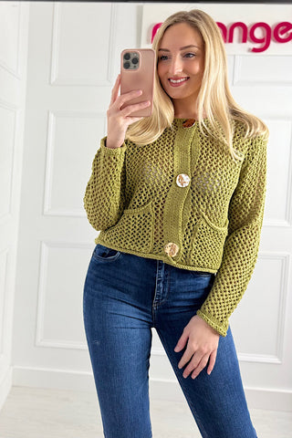 Olive Green Crochet Gold Button Cardigan