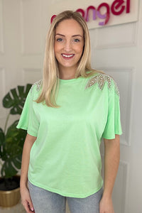 Sienna Embellished Shoulder T -Shirt In Apple Green