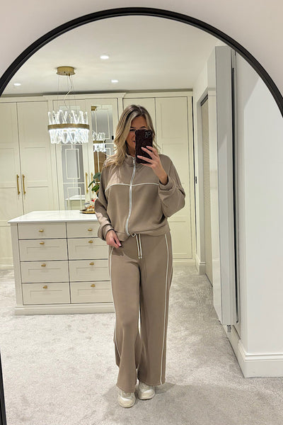 Evie Taupe Tracksuit With White Piping