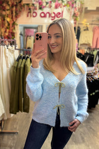 Marnie Gold Bead Bow Jumper In Blue