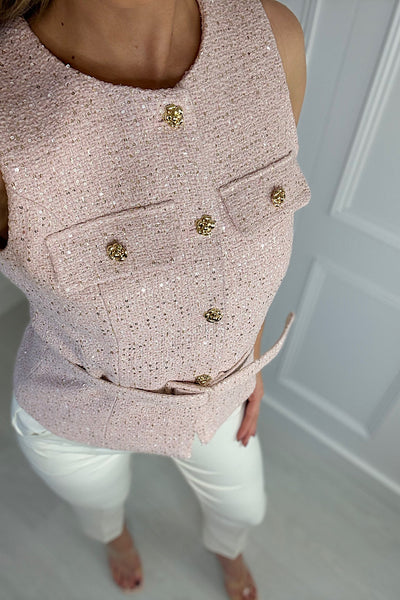 Pink Tweed Structured Sequin Waistcoat With Belt