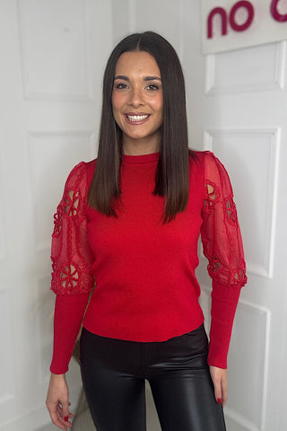 Darcy Red Arm Detail Fine Knitted Jumper